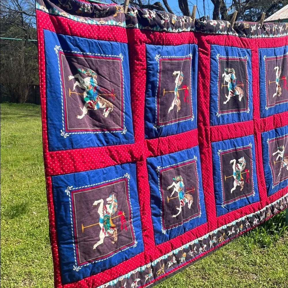 Vintage Carousel Animal Horse Print Quilt Homemade Small Throw Lap Blanket